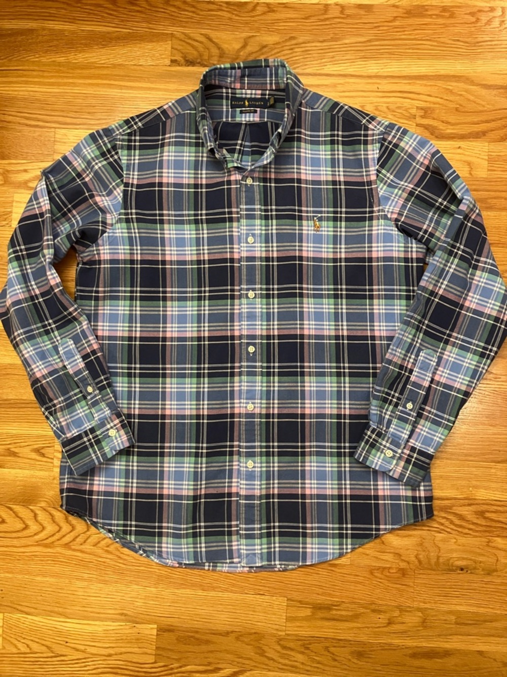 Ralph Lauren Large Navy, Green & Pink Plaid Long Sleeve Button-Down Collar Shirt